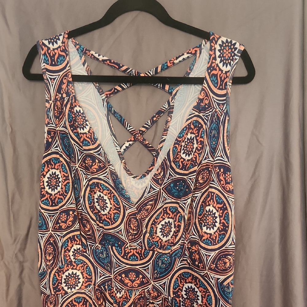 Bohemian Geometric Print Sleeveless Maxi Dress, Orange And Blue, 3X